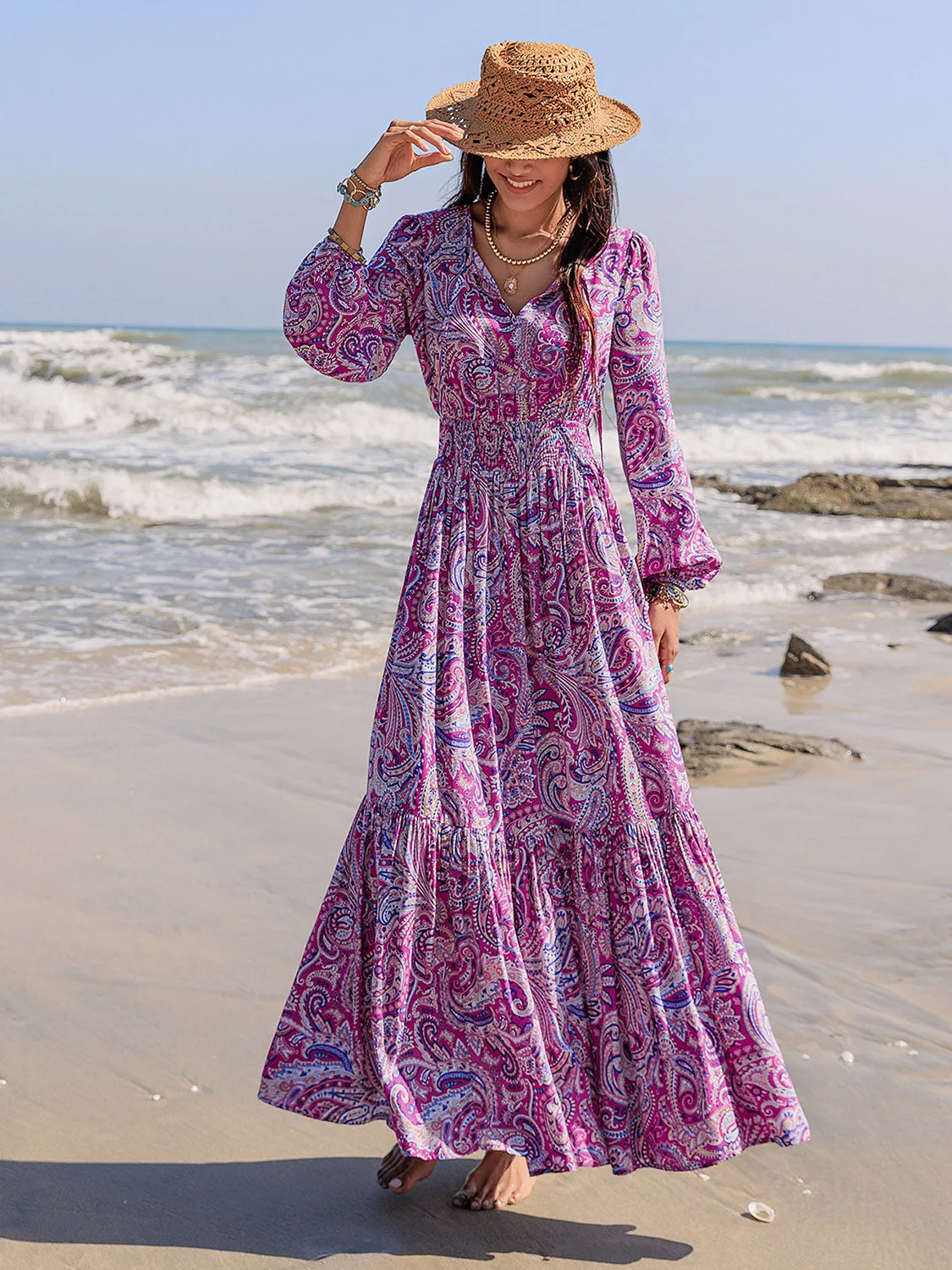 🌼 Printed Tie Neck Balloon Sleeve Maxi Dress 🌼