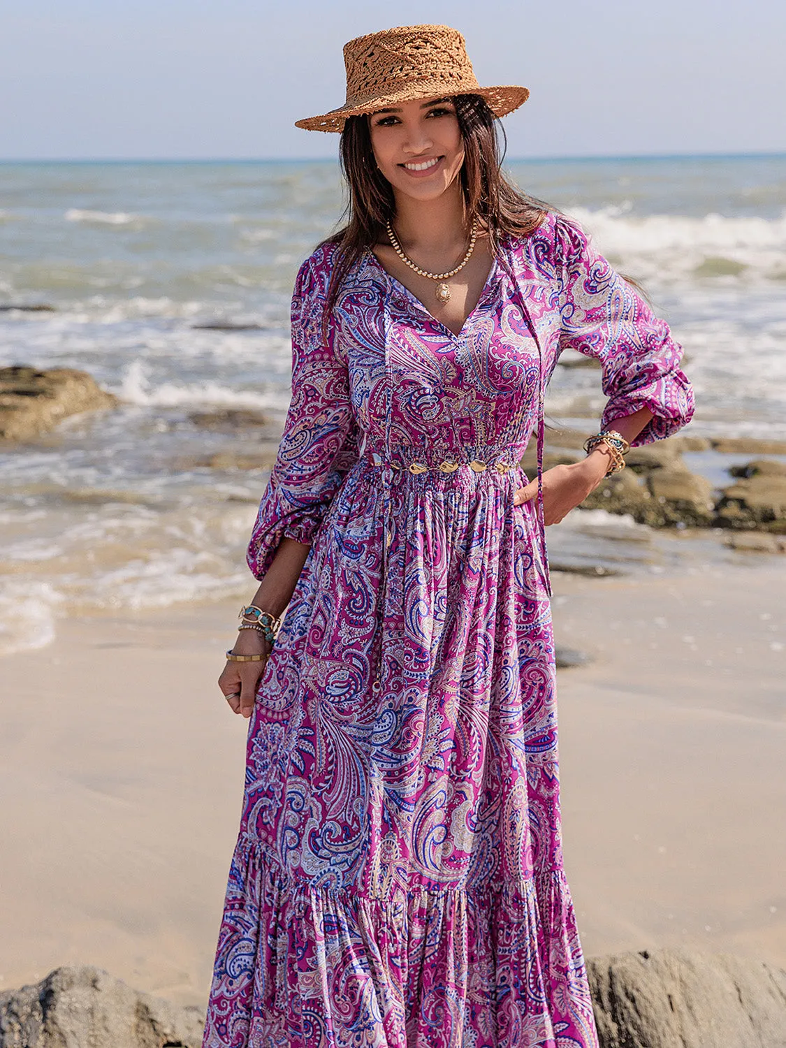 🌼 Printed Tie Neck Balloon Sleeve Maxi Dress 🌼