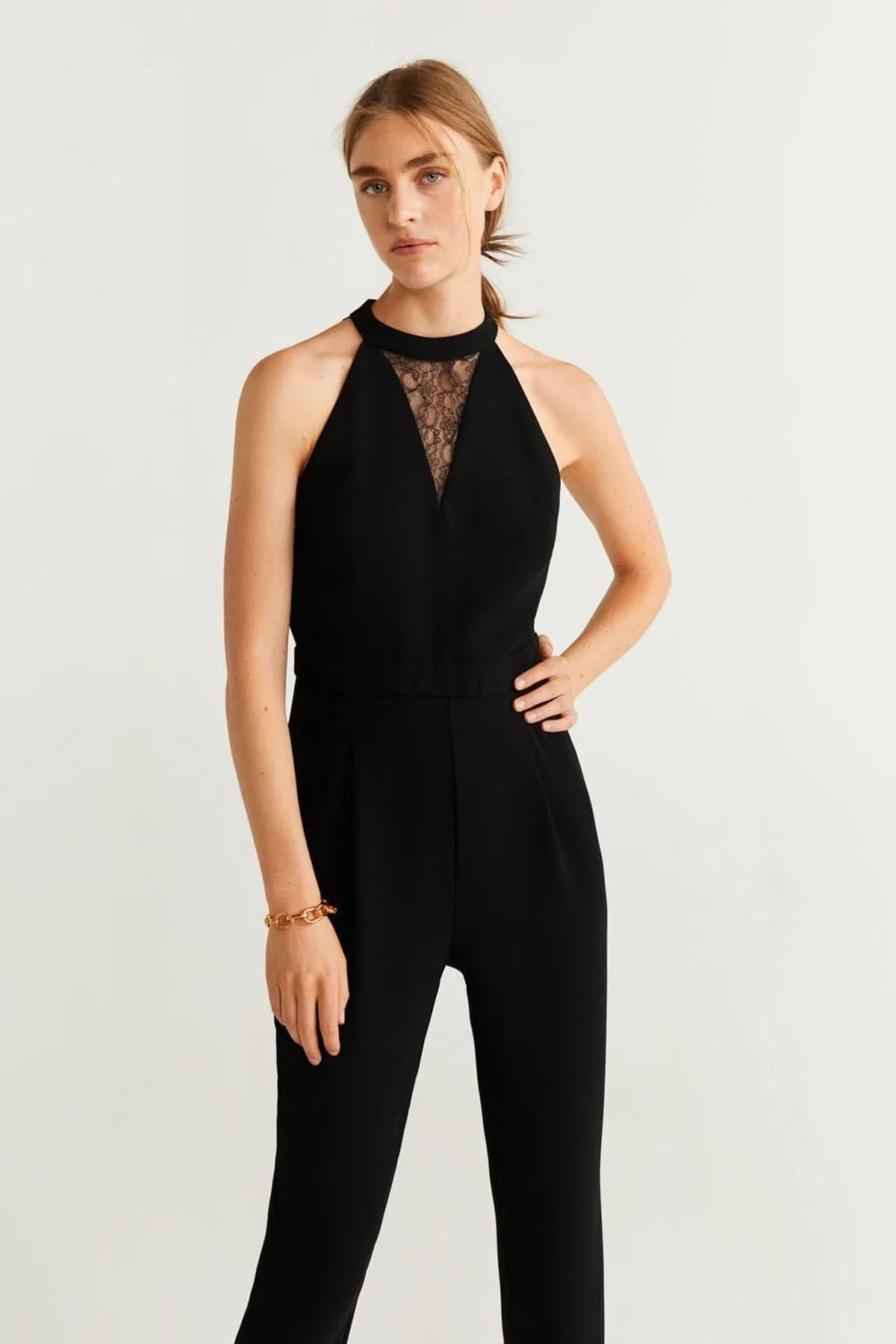 16100 Black Cutout Back Lace Jumpsuit