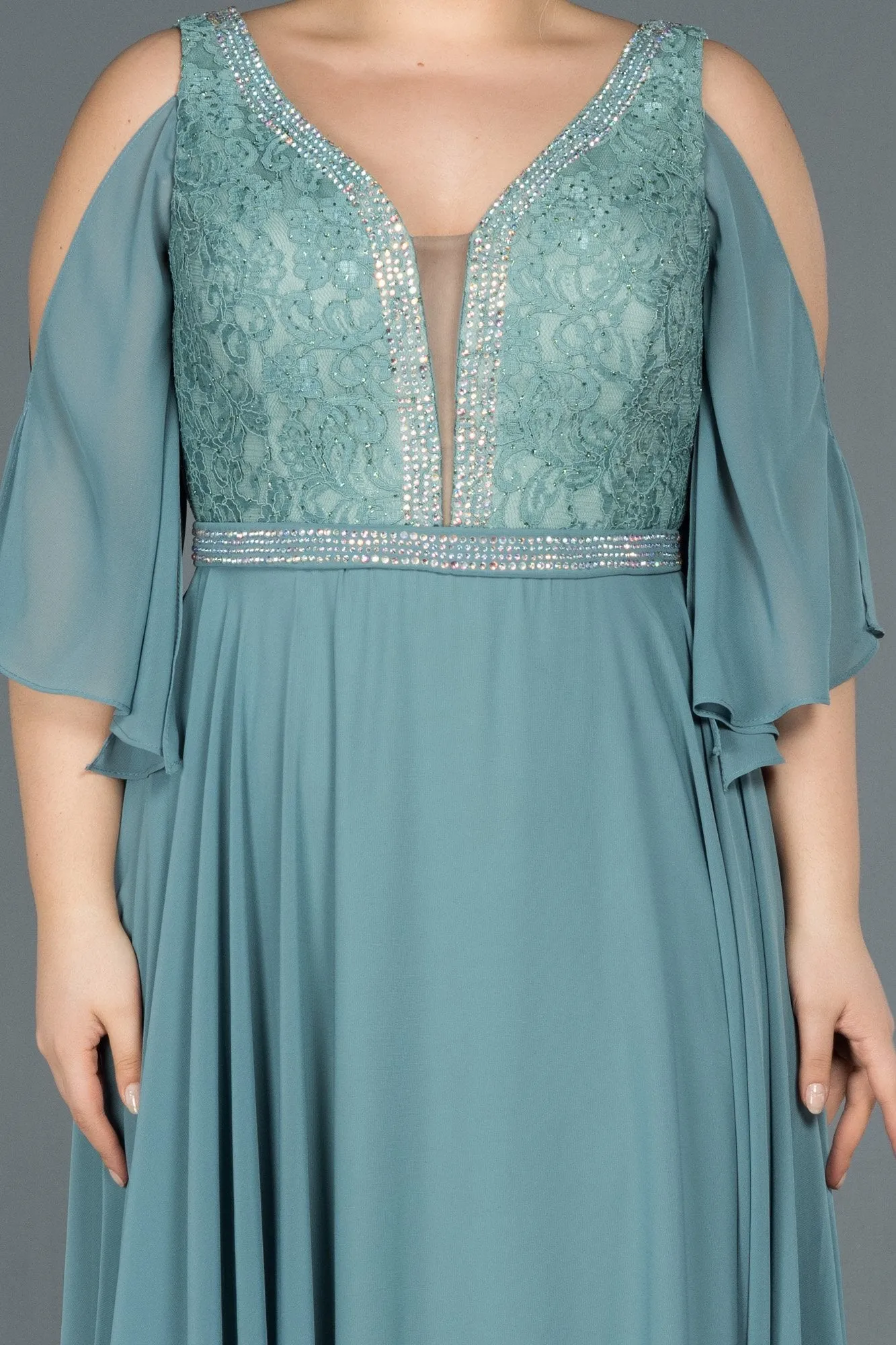 16614 Mint Green Cold Shoulder Chiffon Dress