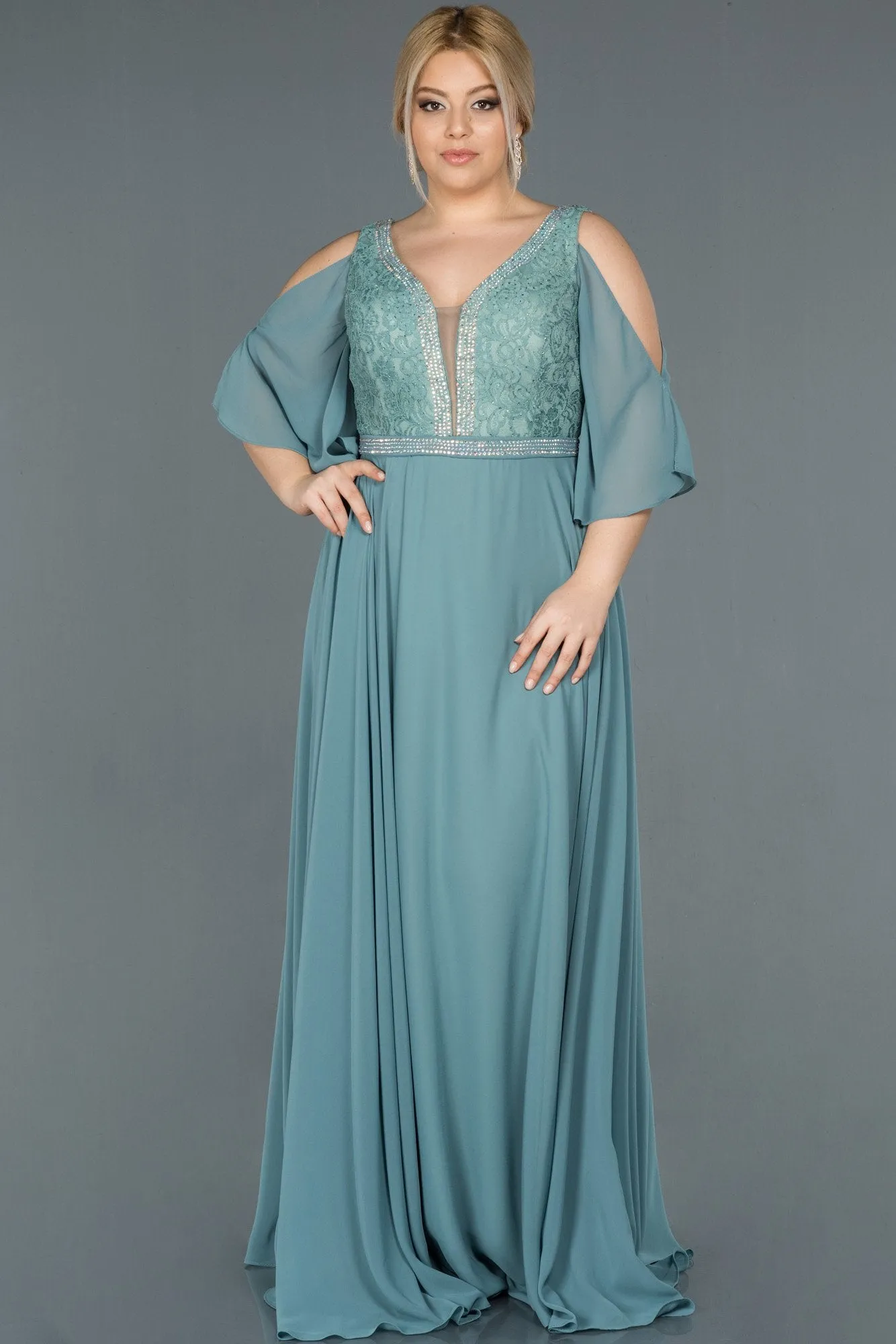 16614 Mint Green Cold Shoulder Chiffon Dress