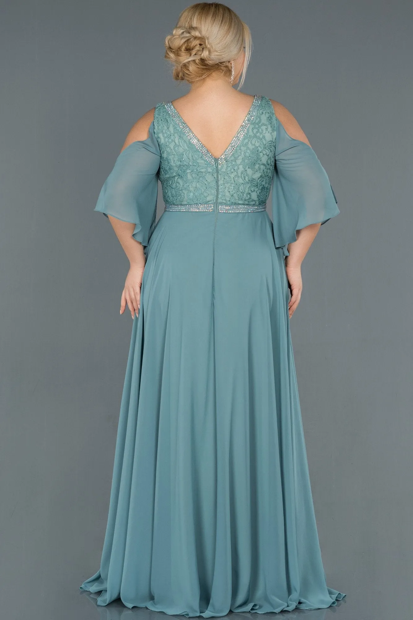 16614 Mint Green Cold Shoulder Chiffon Dress