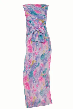 1960s I Magnin Silk Chiffon Watercolor Print Maxi Dress w/ Bow