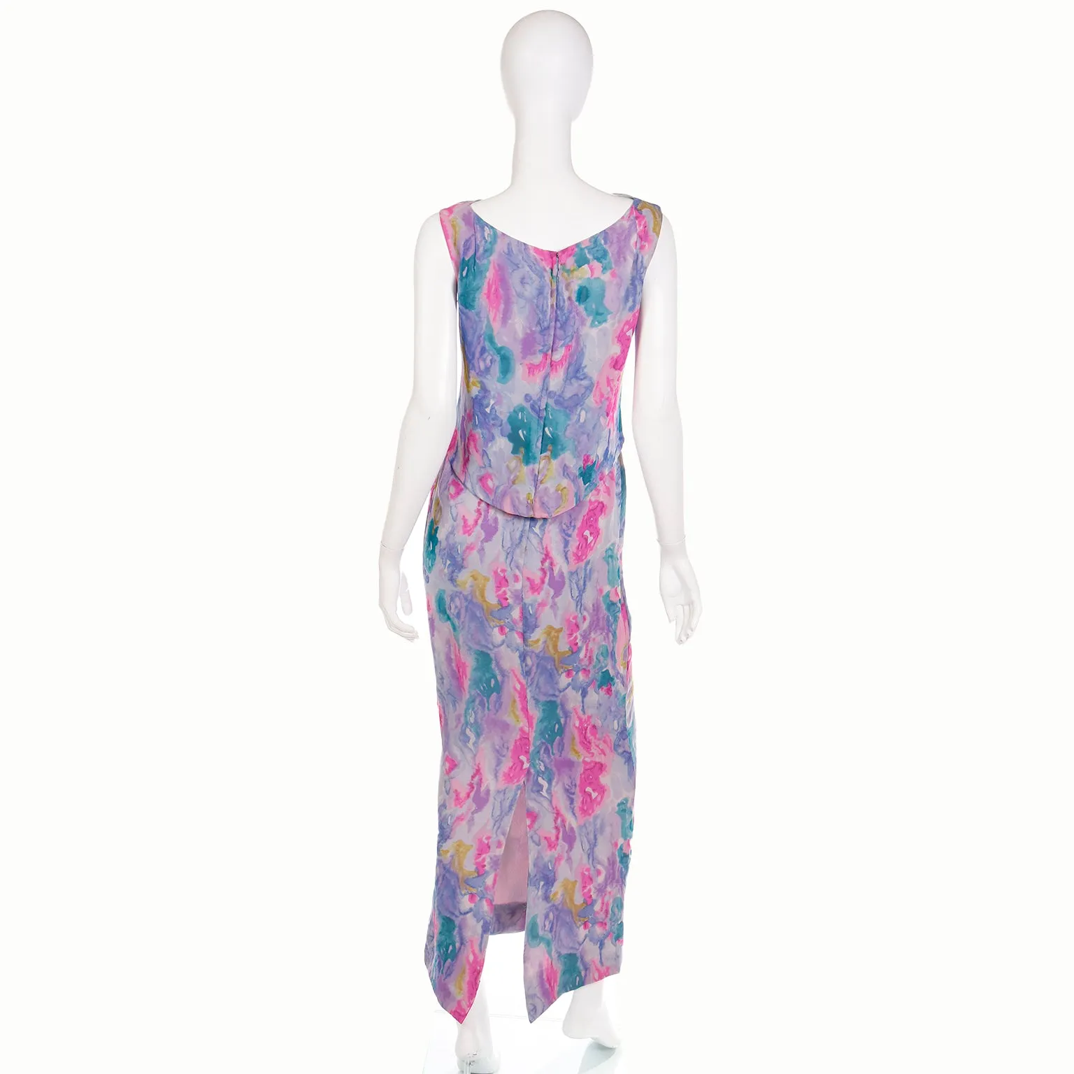 1960s I Magnin Silk Chiffon Watercolor Print Maxi Dress w/ Bow