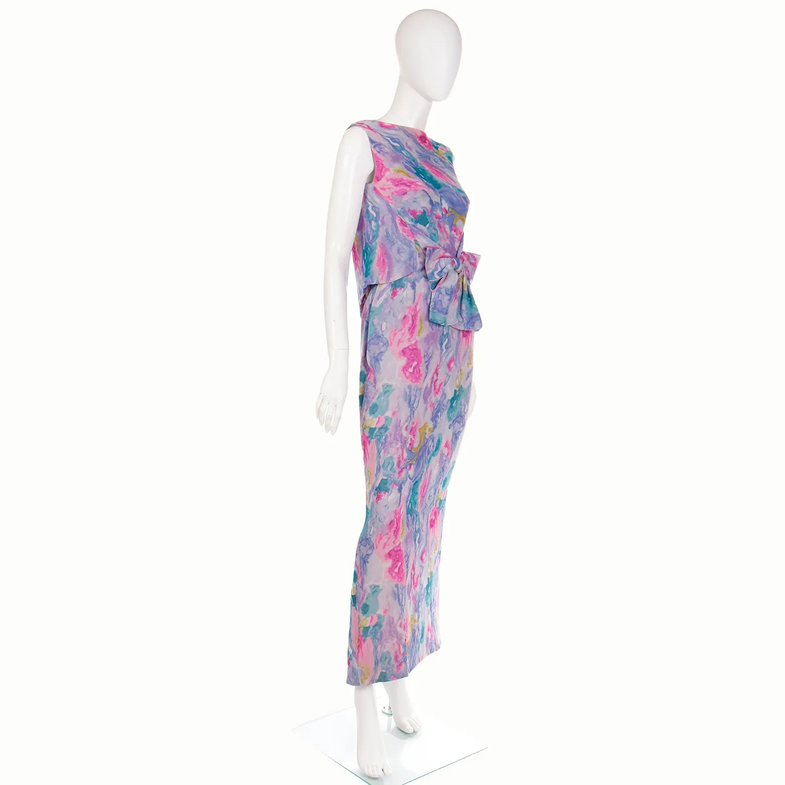 1960s I Magnin Silk Chiffon Watercolor Print Maxi Dress w/ Bow