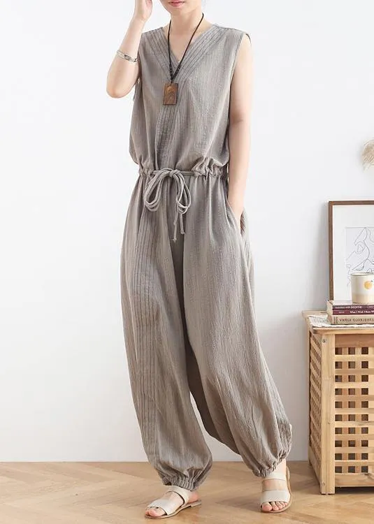 2021 lace-up waist light gray wide leg jumpsuit female summer cotton and linen jumpsuit