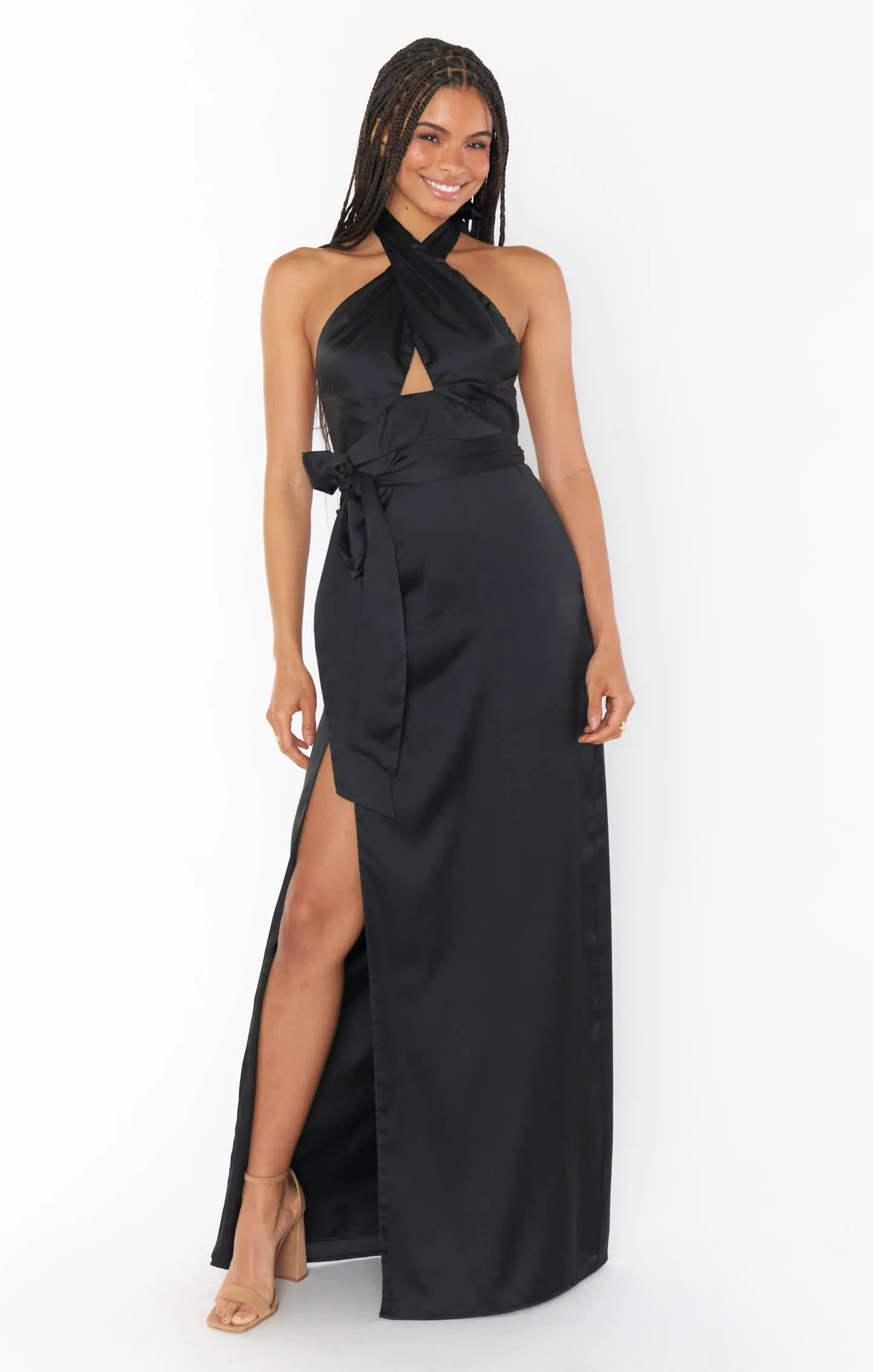 Adele Halter Maxi Dress ~ Black Luxe Satin