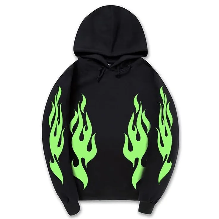 Aesthetic Green Fire Flame Print Drop shoulder Premium Quality Hoodie For Men Fashion