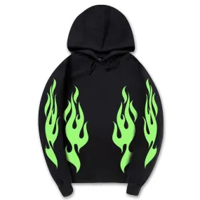 Aesthetic Green Fire Flame Print Drop shoulder Premium Quality Hoodie For Men Fashion