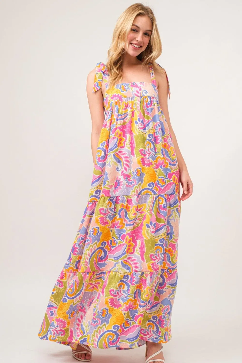 And The Why Full Size Printed Tie Shoulder Tiered Maxi