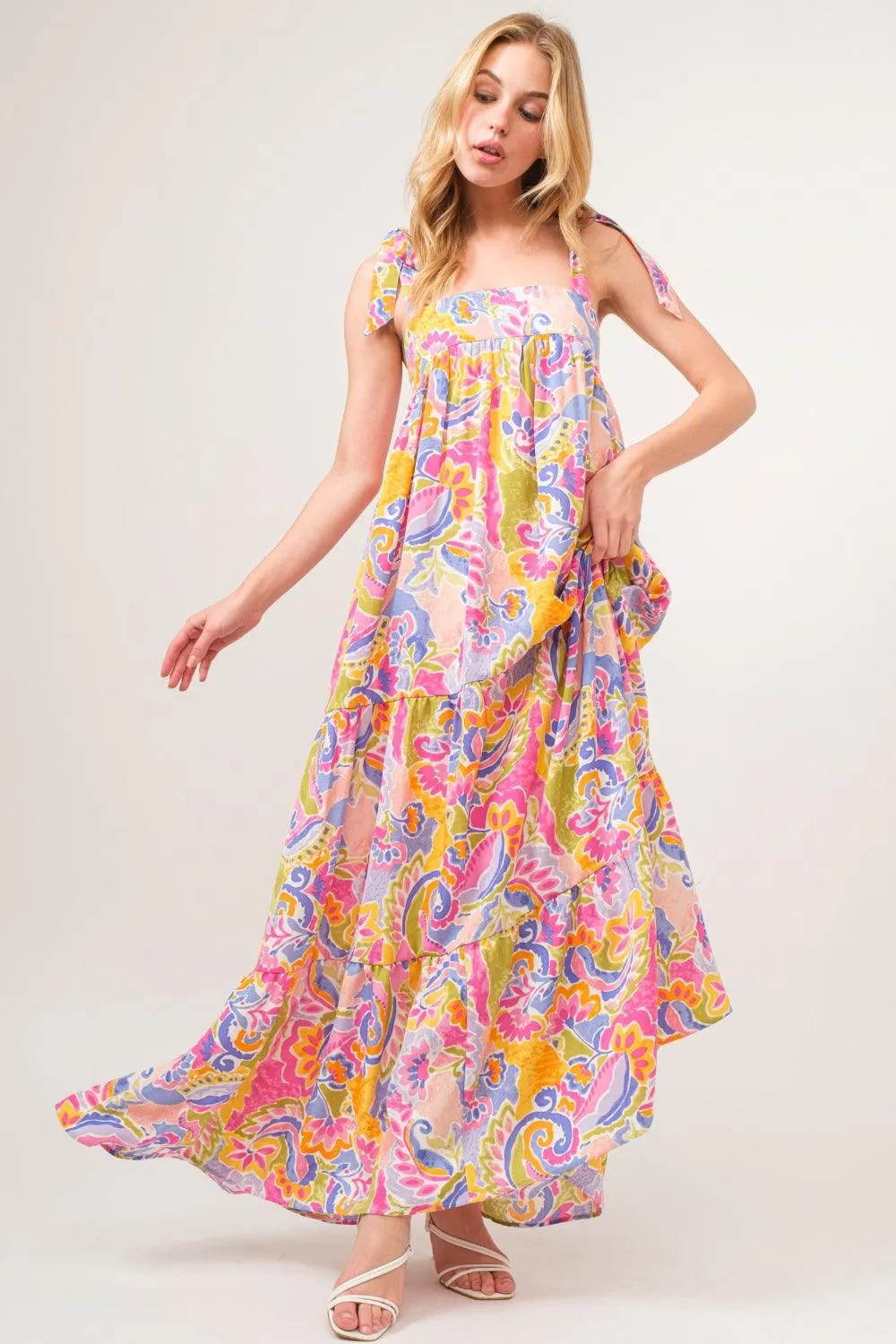 And The Why Full Size Printed Tie Shoulder Tiered Maxi