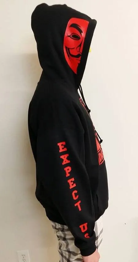 Anonymous Anarchist Disobey Fully Decked With Red Hood Mask Anarchy Symbol Sleeve Print Hoodie