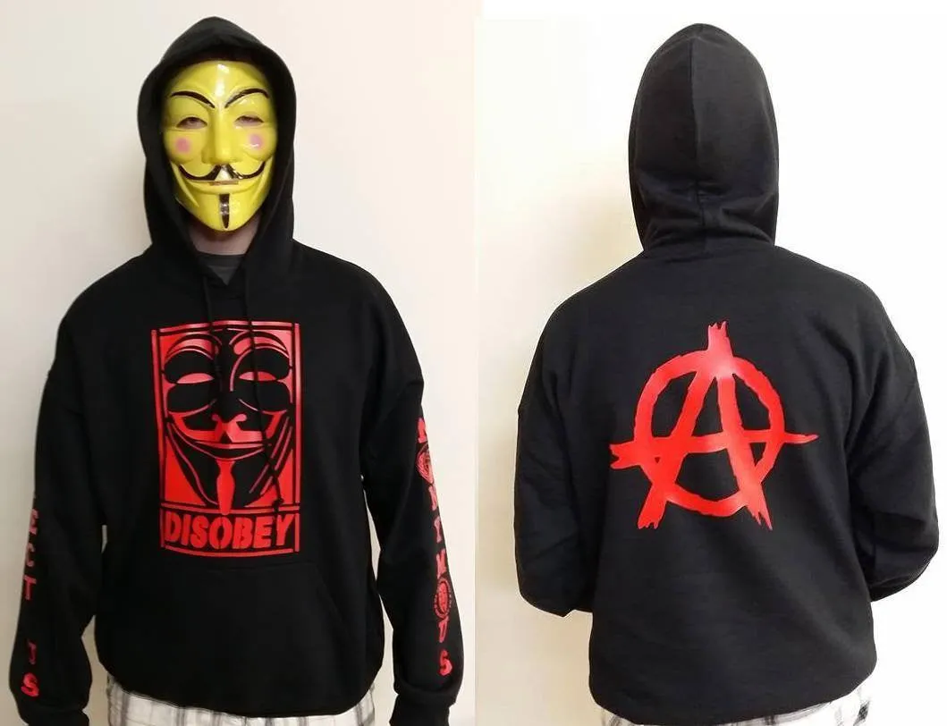 Anonymous Anarchist Disobey Fully Decked With Red Hood Mask Anarchy Symbol Sleeve Print Hoodie