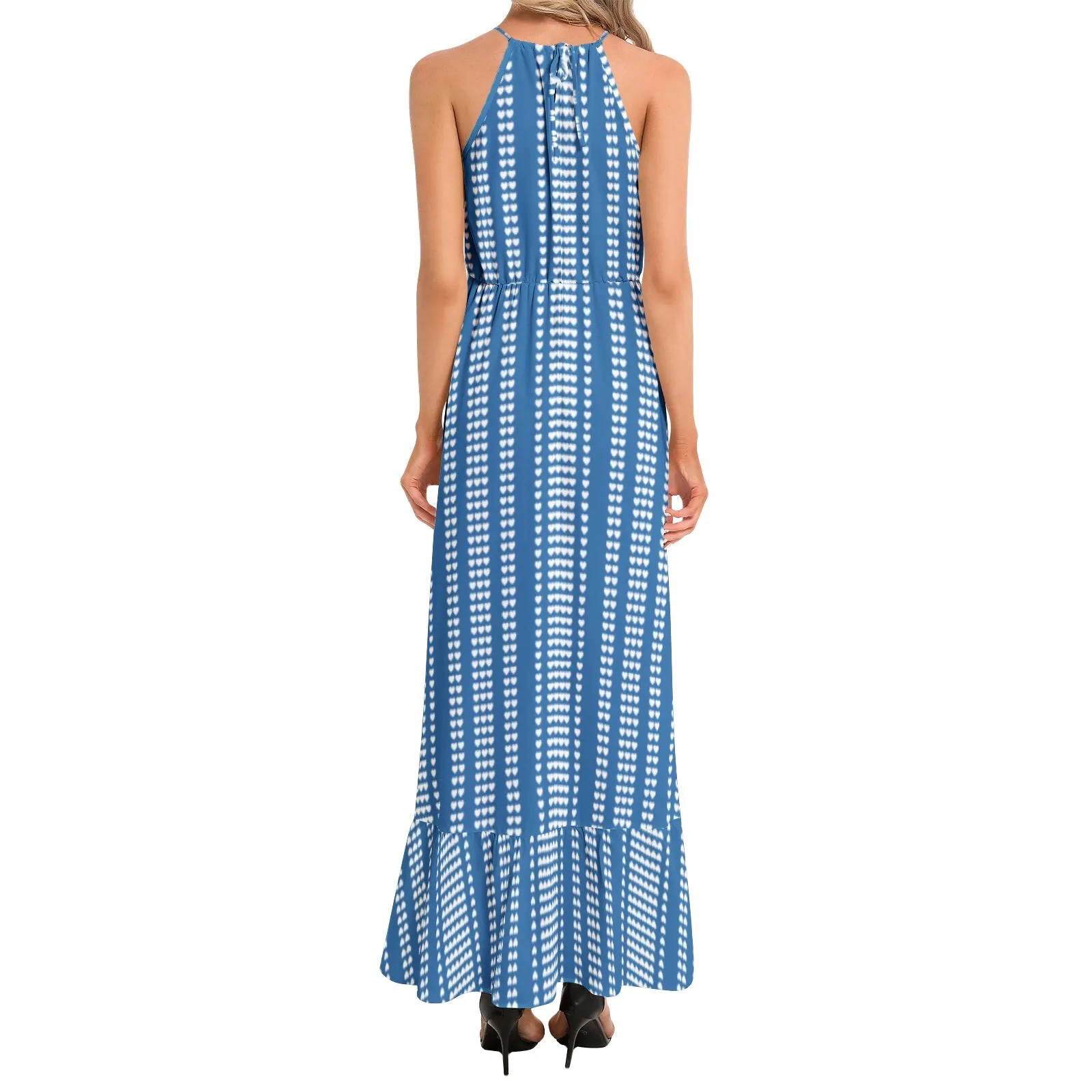 Array of Hearts Ruffle Hem Halter Neck Maxi Dress