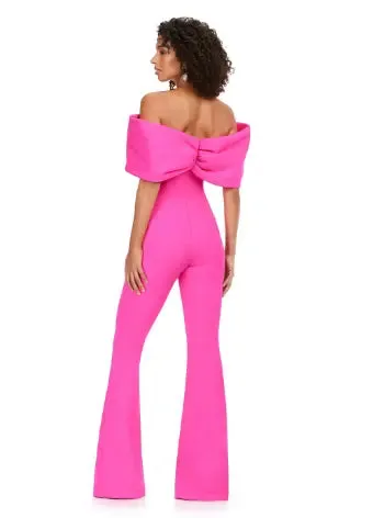 Ashley Lauren 11414 Off Shoulder Scuba Jumpsuit with Oversized Bow Formal Prom