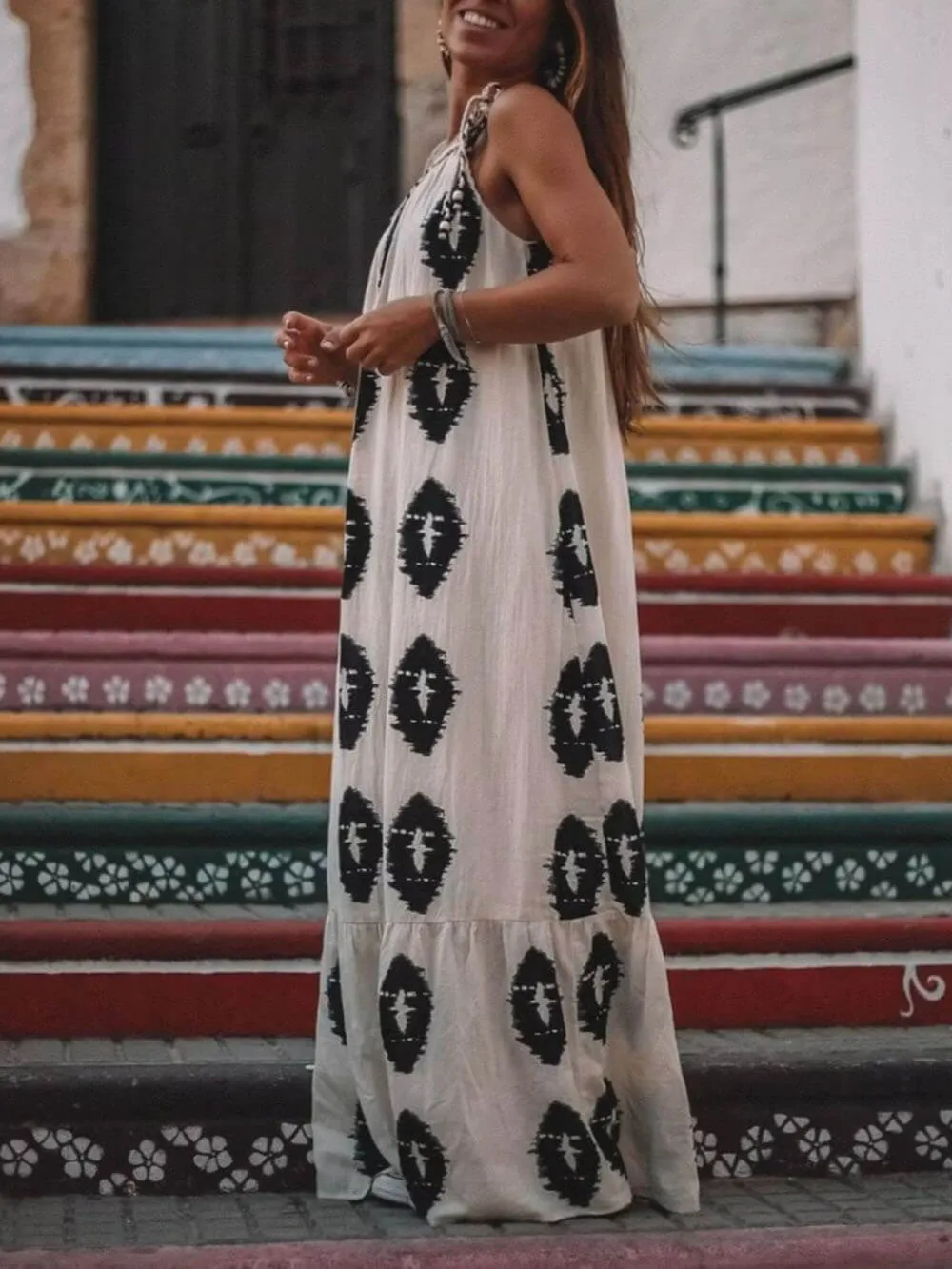 Aztec-Whispers One-Shoulder Maxi Dress