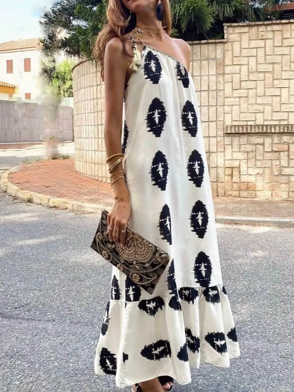 Aztec-Whispers One-Shoulder Maxi Dress