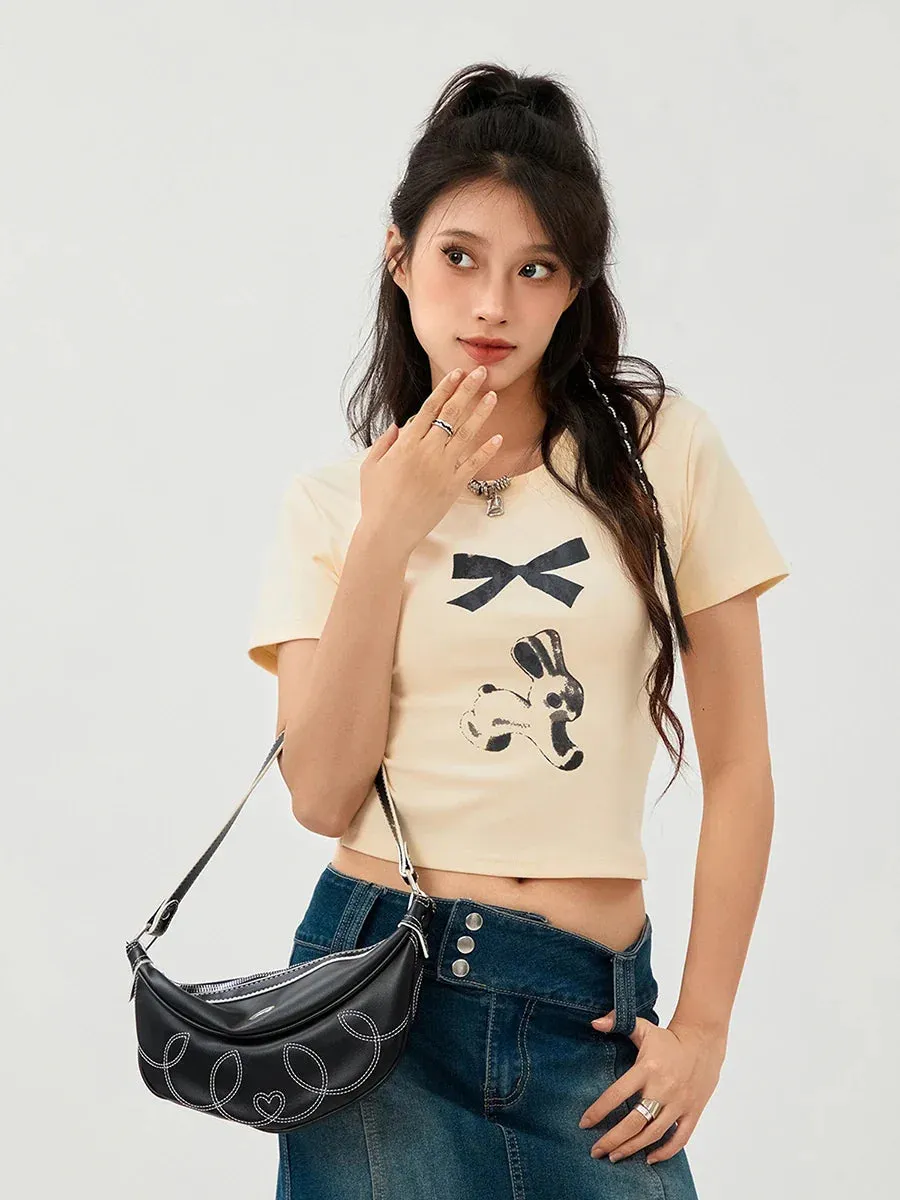 Baby Bow Print Short Sleeve Crop Vintage Slim Fit Y2K T-shirt