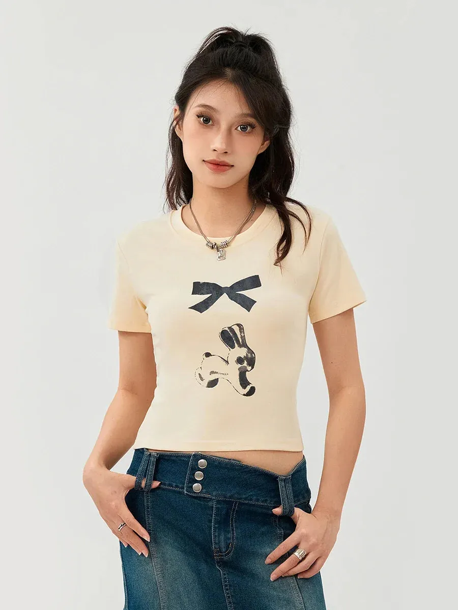 Baby Bow Print Short Sleeve Crop Vintage Slim Fit Y2K T-shirt