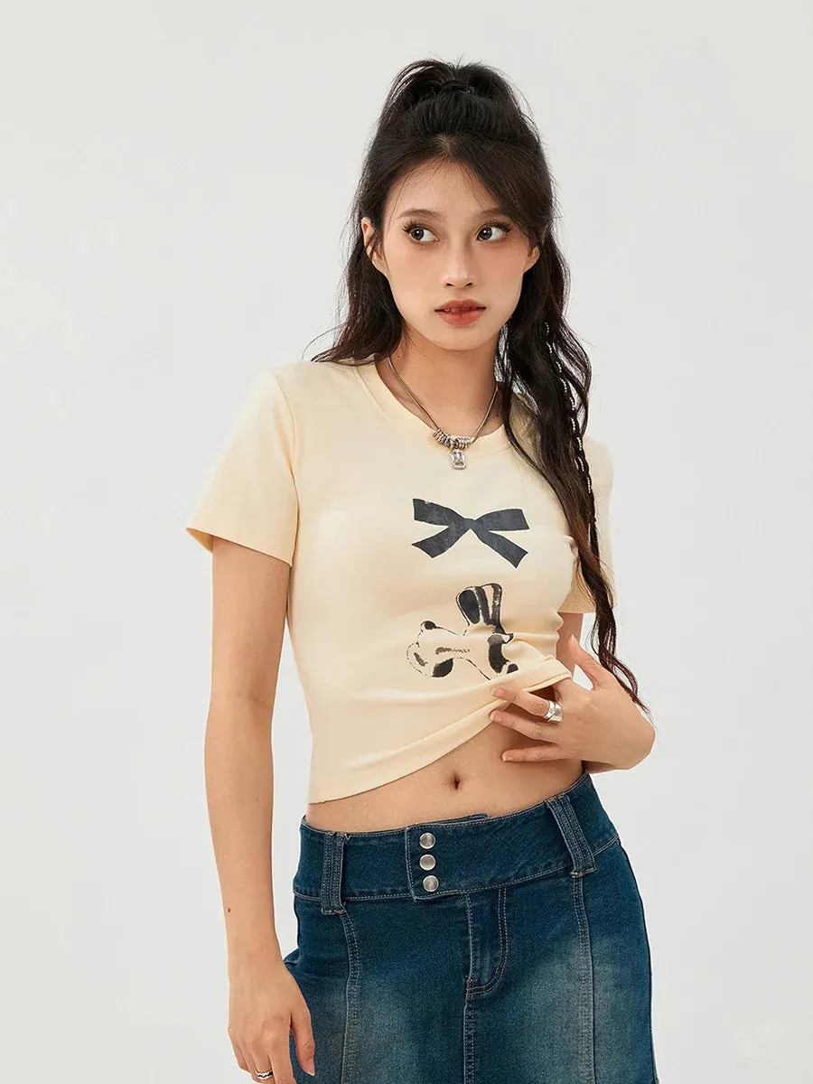 Baby Bow Print Short Sleeve Crop Vintage Slim Fit Y2K T-shirt