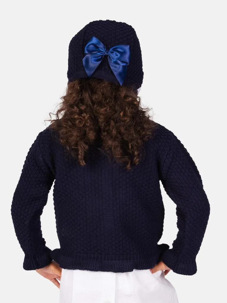 Baby Girl Cardigan & Bonnet Set - Navy Blue