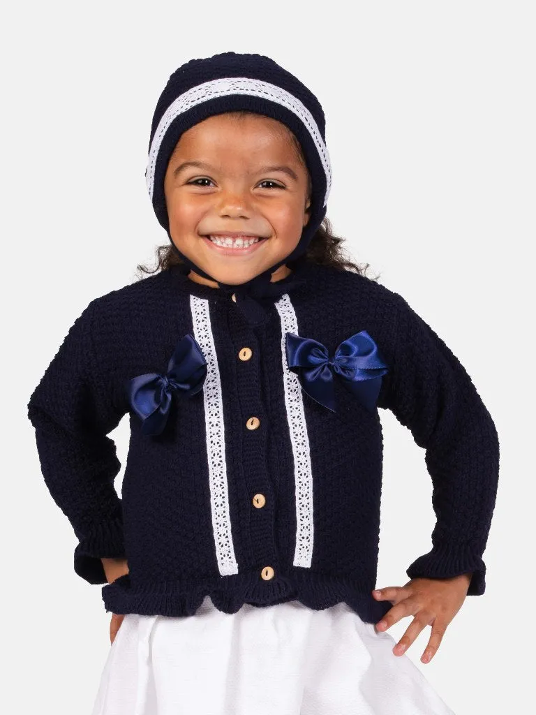 Baby Girl Cardigan & Bonnet Set - Navy Blue