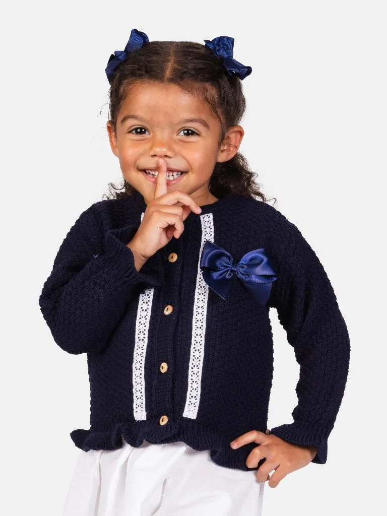 Baby Girl Cardigan & Bonnet Set - Navy Blue