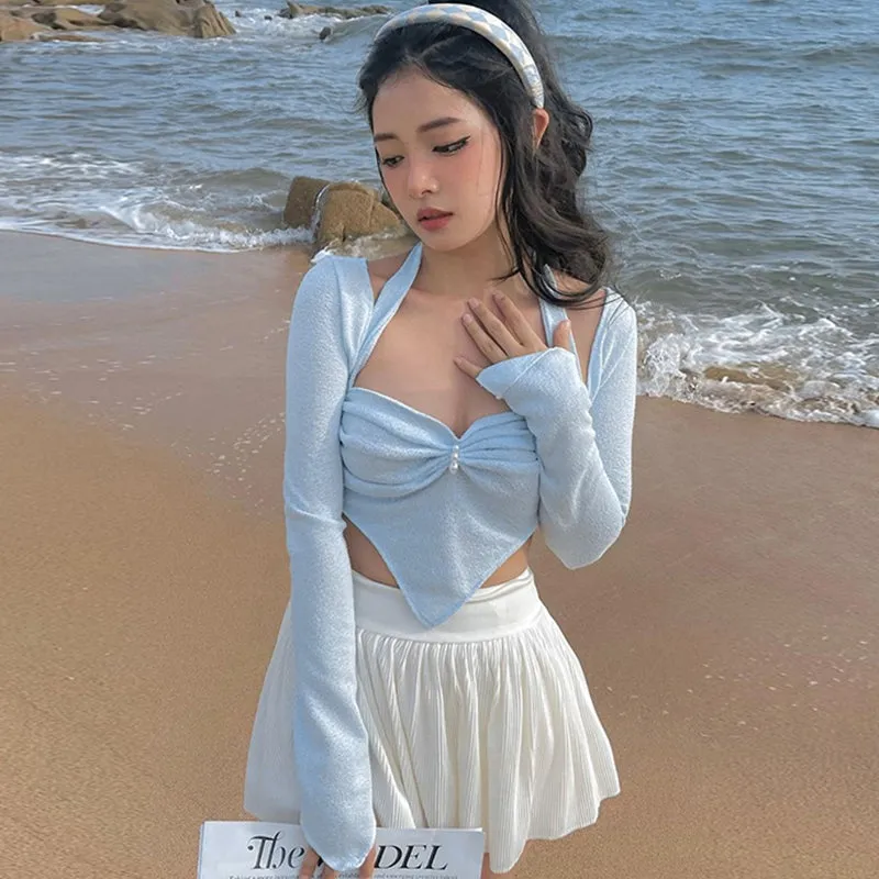 Back to college  Pure Color Long Sleeves Slips Bandage Irregular   Slim Crop Top Summer Elegant T Shirt Vacation Party Y2K Kawaii