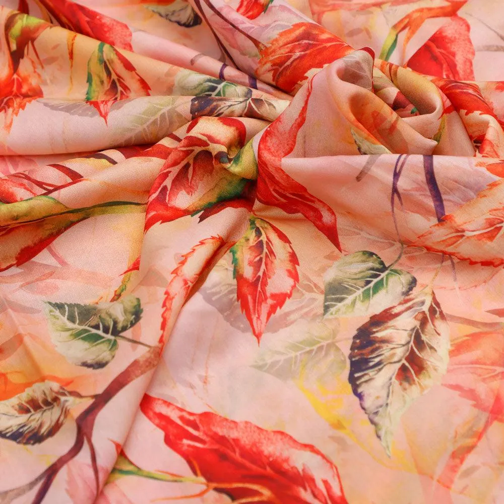 Beautiful Watercolour Gradient Autumnal Leaves Digital Printed Fabric - Poly Muslin