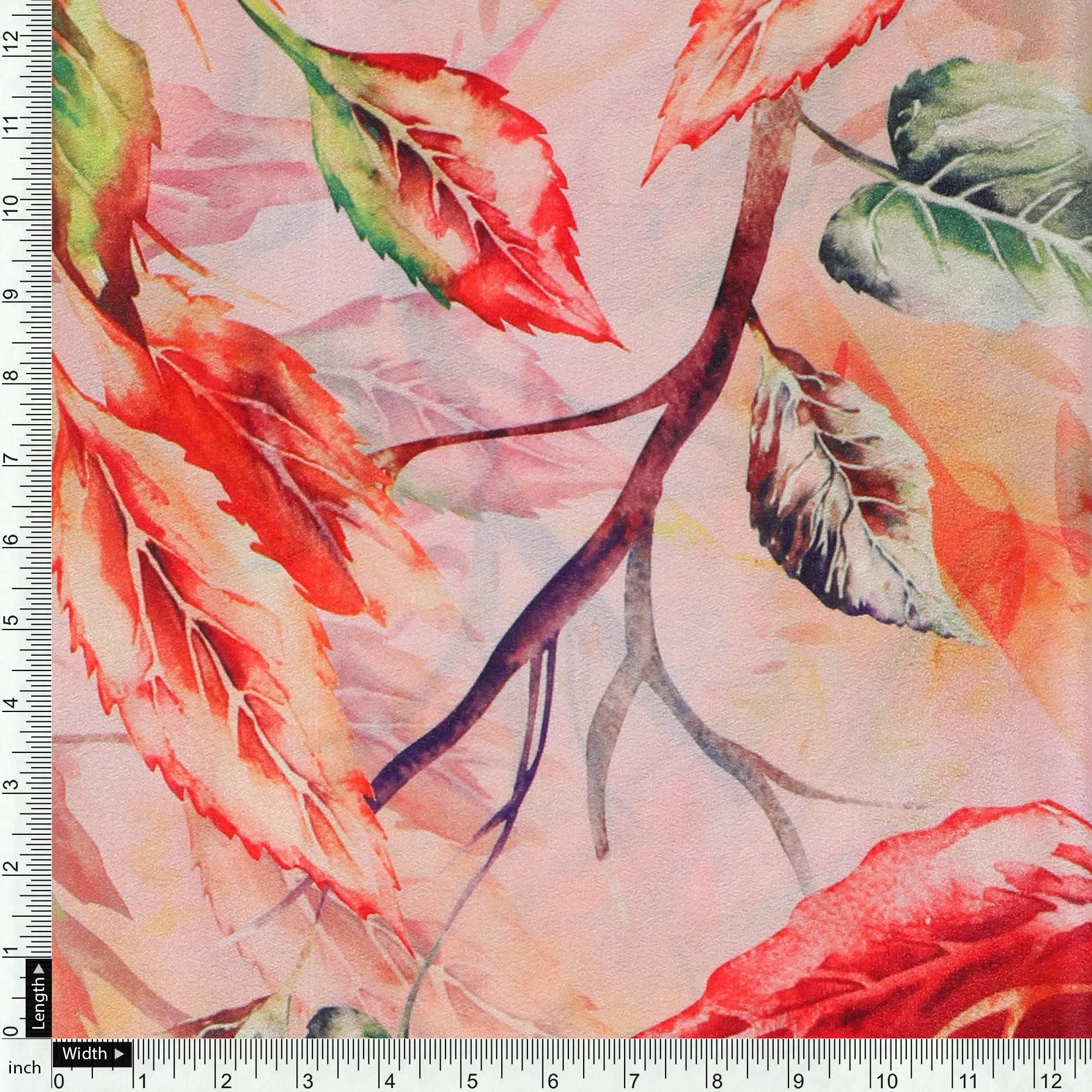 Beautiful Watercolour Gradient Autumnal Leaves Digital Printed Fabric - Silk Crepe