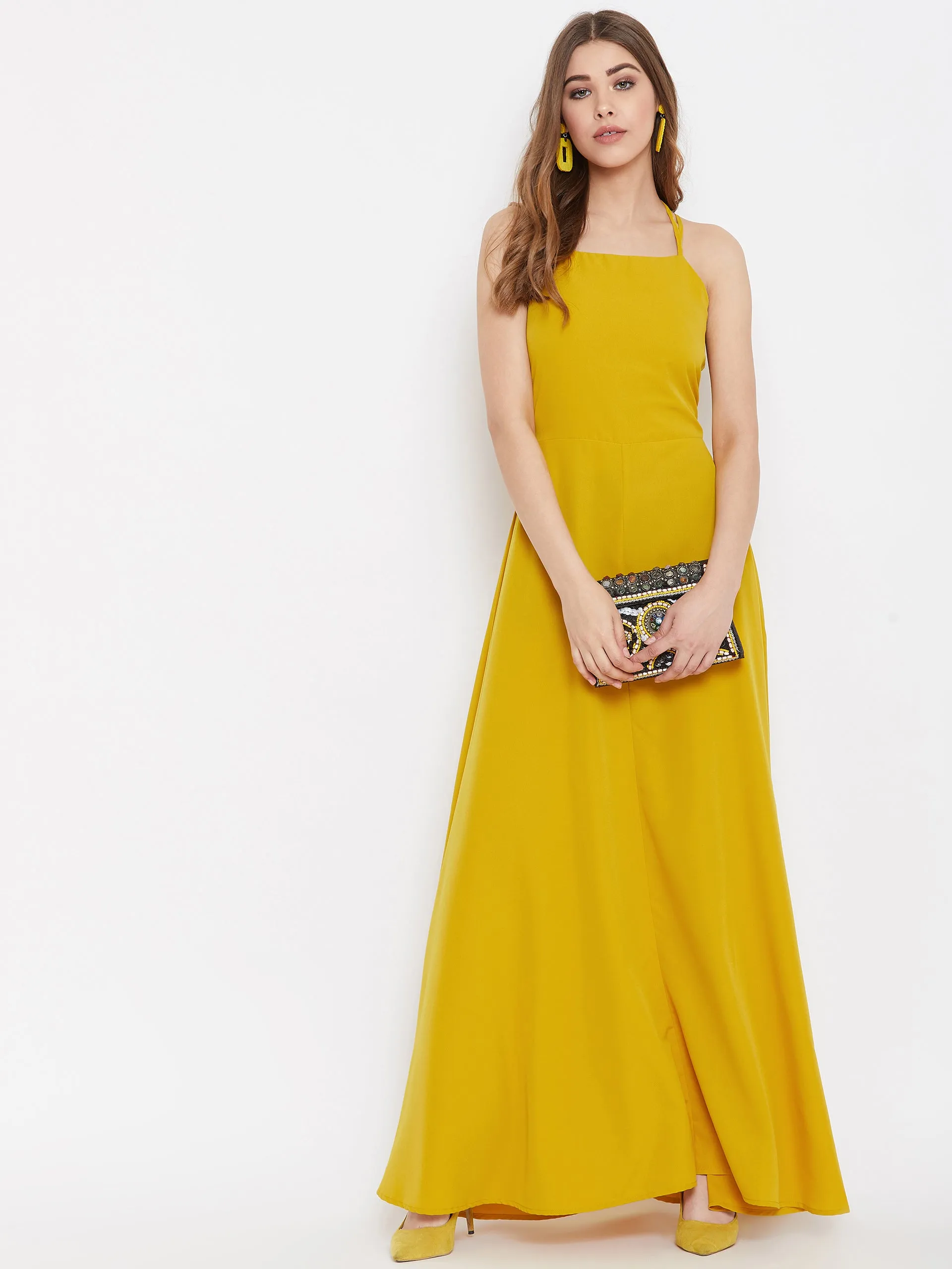 Berrylush Women Solid Mustard Yellow Halter Neck Caged Back Maxi Dress