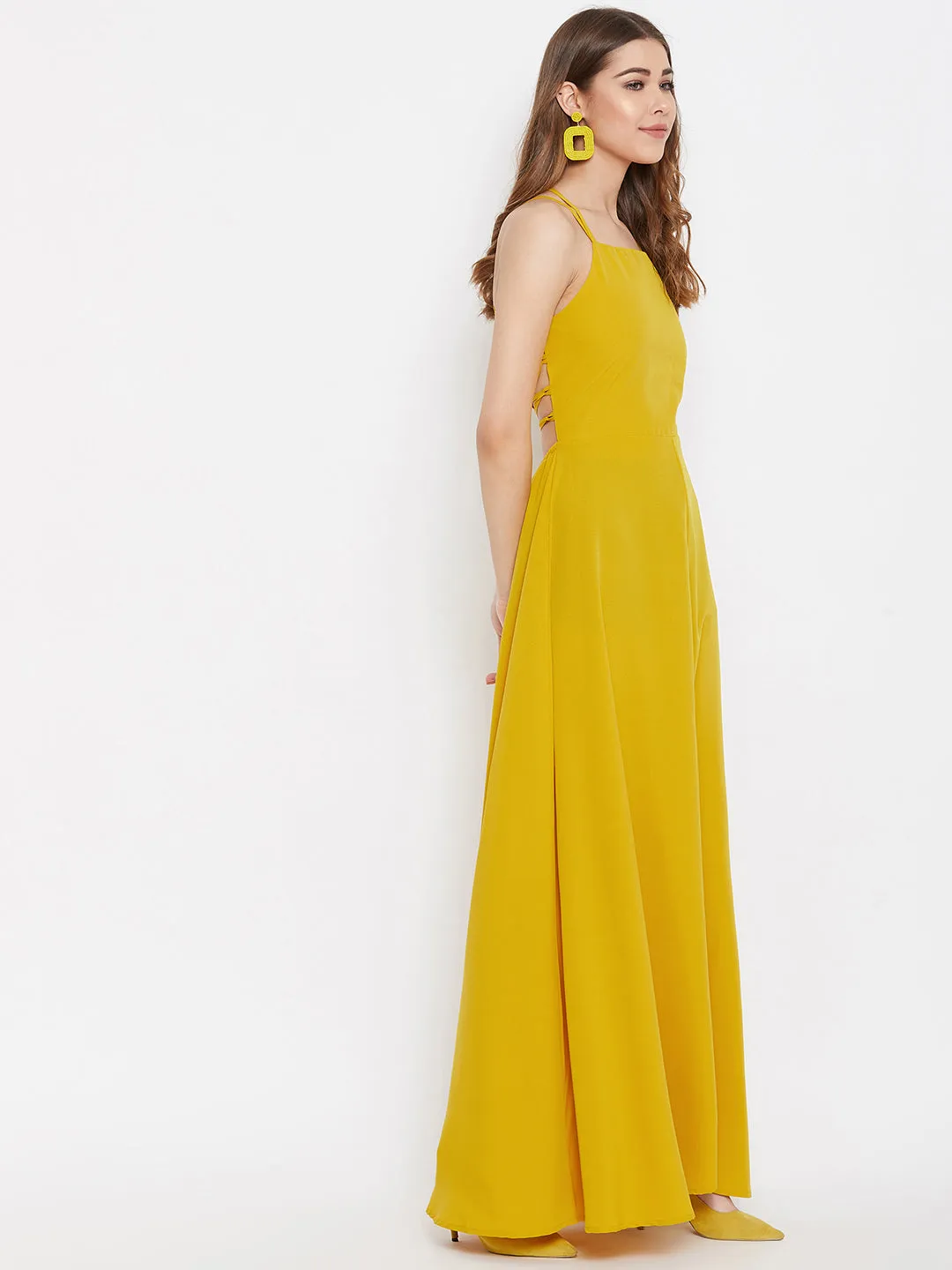 Berrylush Women Solid Mustard Yellow Halter Neck Caged Back Maxi Dress