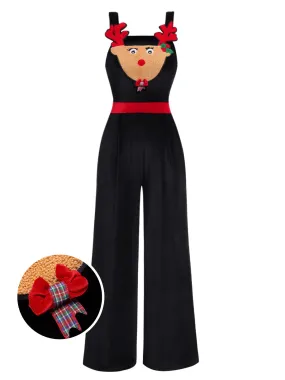 Black 1940s Christmas Elk Plush Velvet Jumpsuit