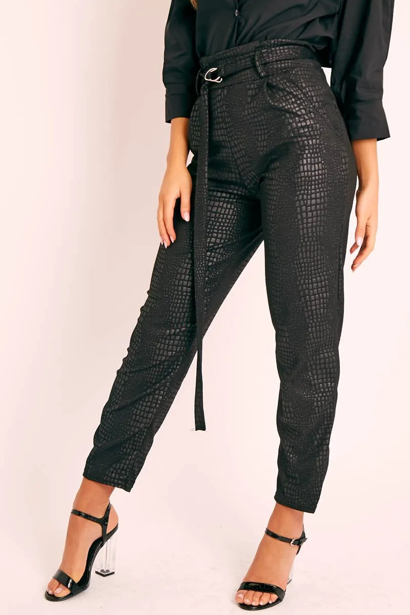 Black Belted Croc Print Tapered Trousers - Aasia