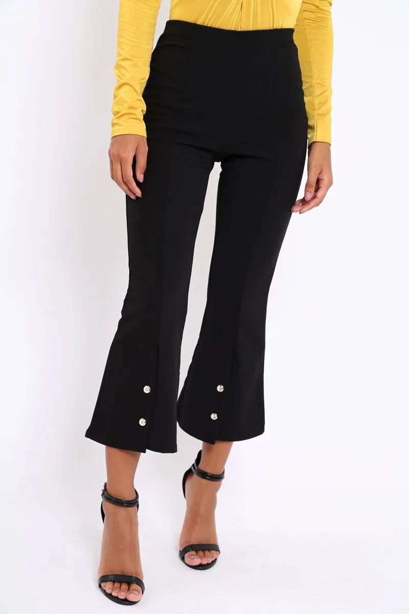 Black Cropped Bell Button Bottom Trousers - Daisie