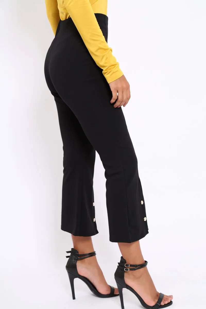 Black Cropped Bell Button Bottom Trousers - Daisie