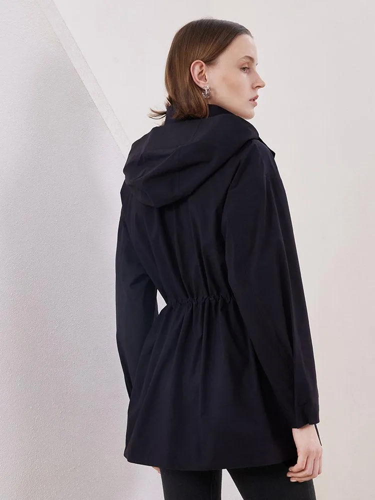 Black Gathered Waist Parka Jacket