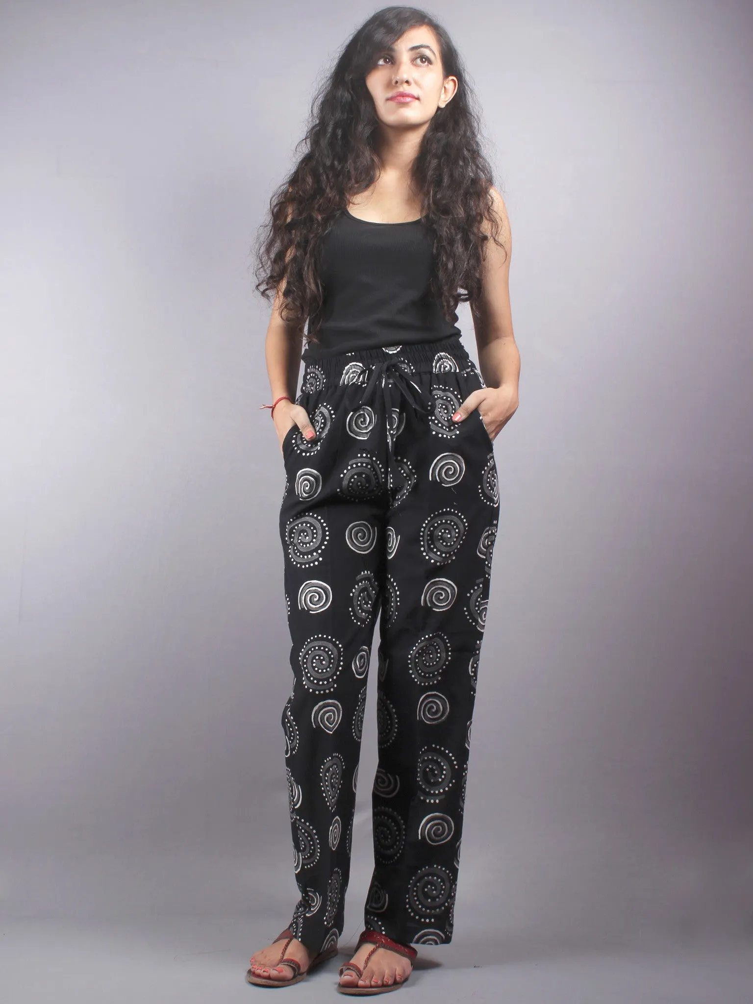 Black Hand Block Printed Elasticated Waist Trousers- T0317011