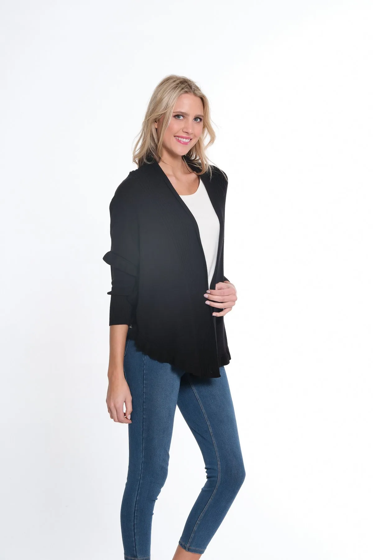 Black Ruffle Hem Shawl Collar Sweater Cardigan