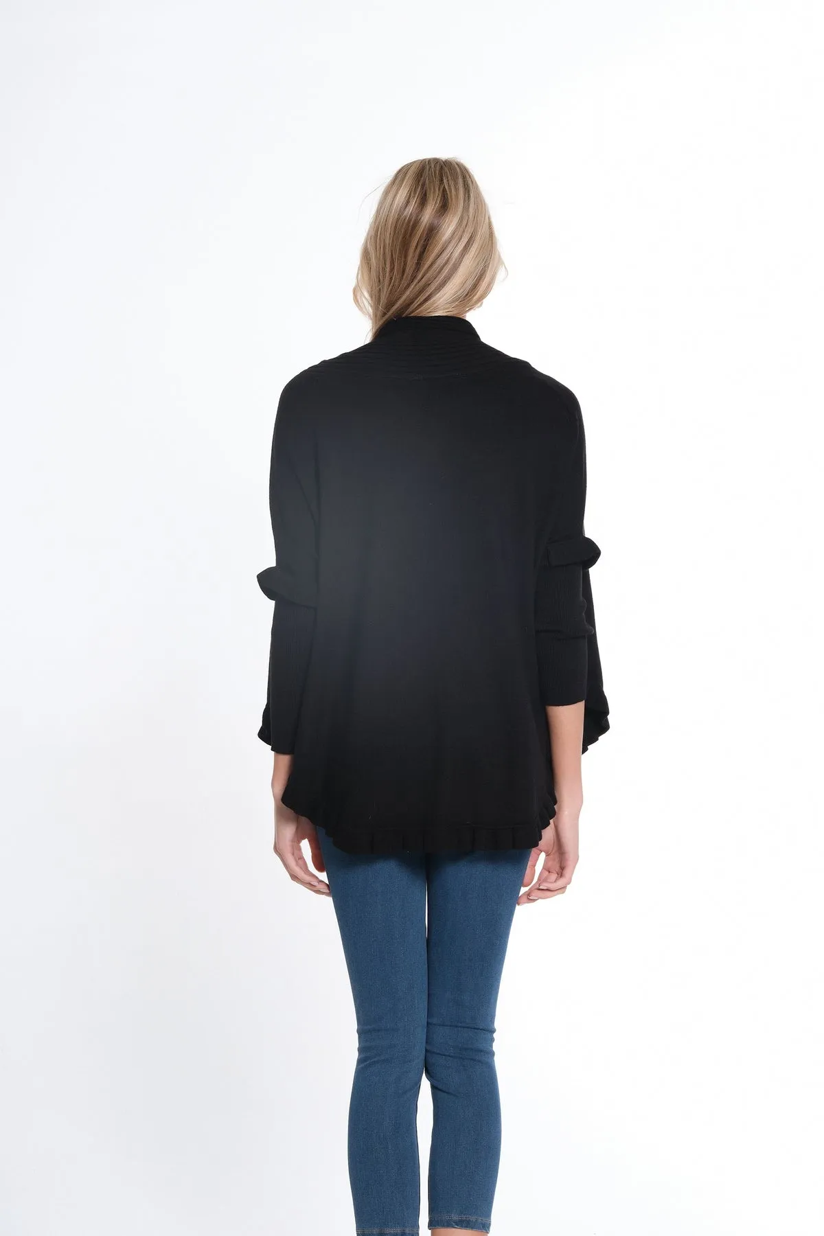 Black Ruffle Hem Shawl Collar Sweater Cardigan