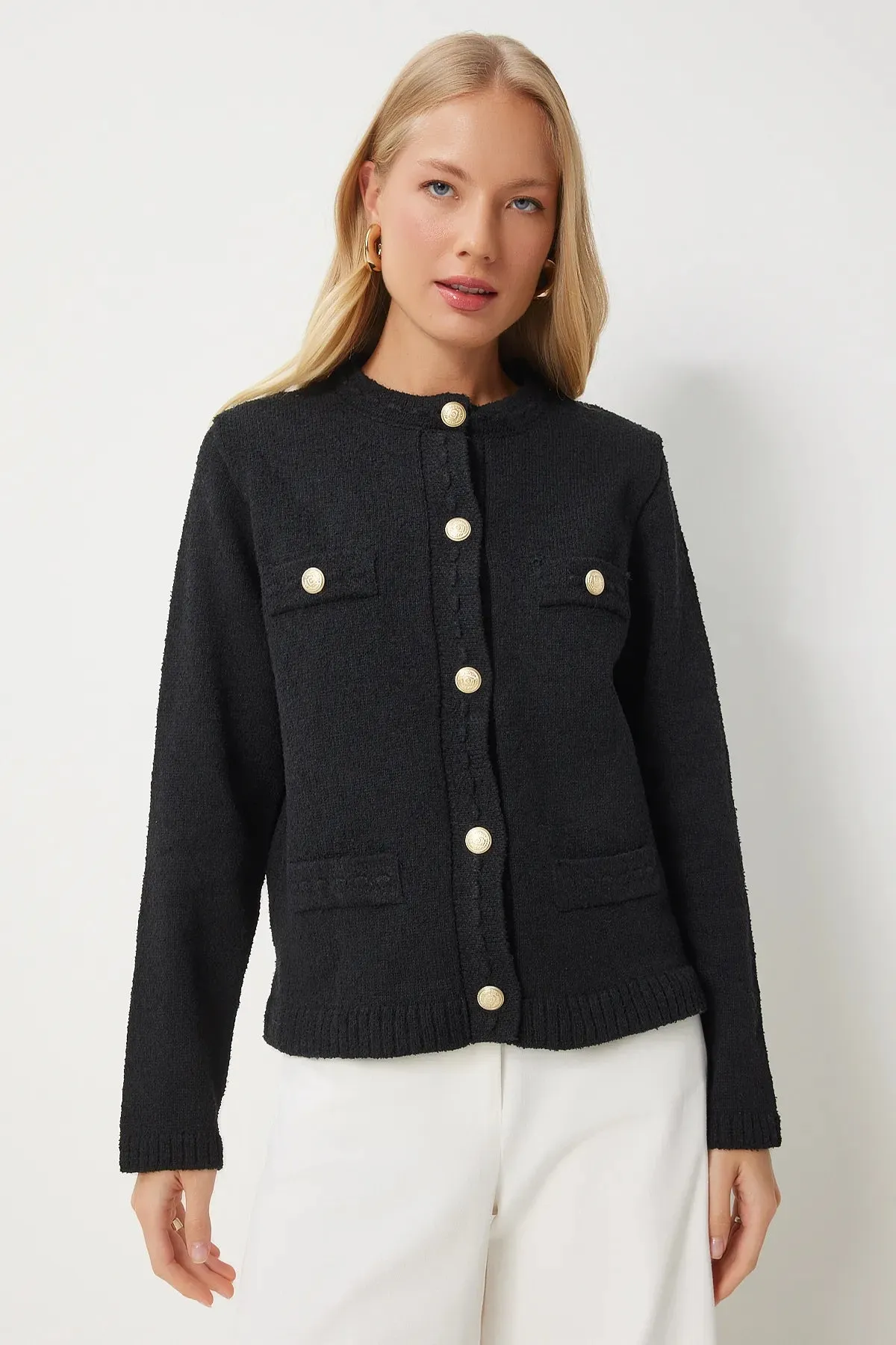 Black Stylish Buttoned Textured Knit Cardigan