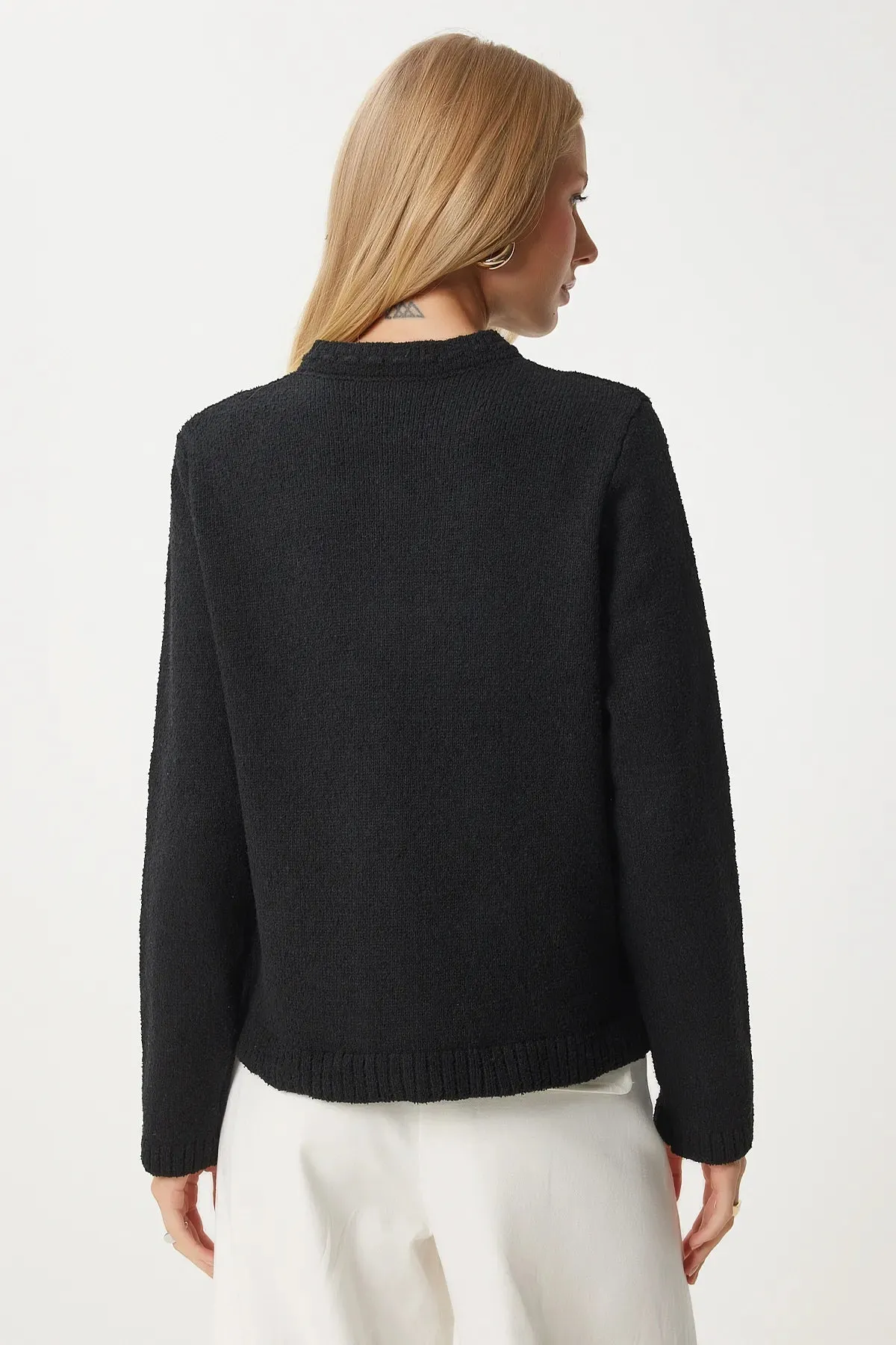 Black Stylish Buttoned Textured Knit Cardigan