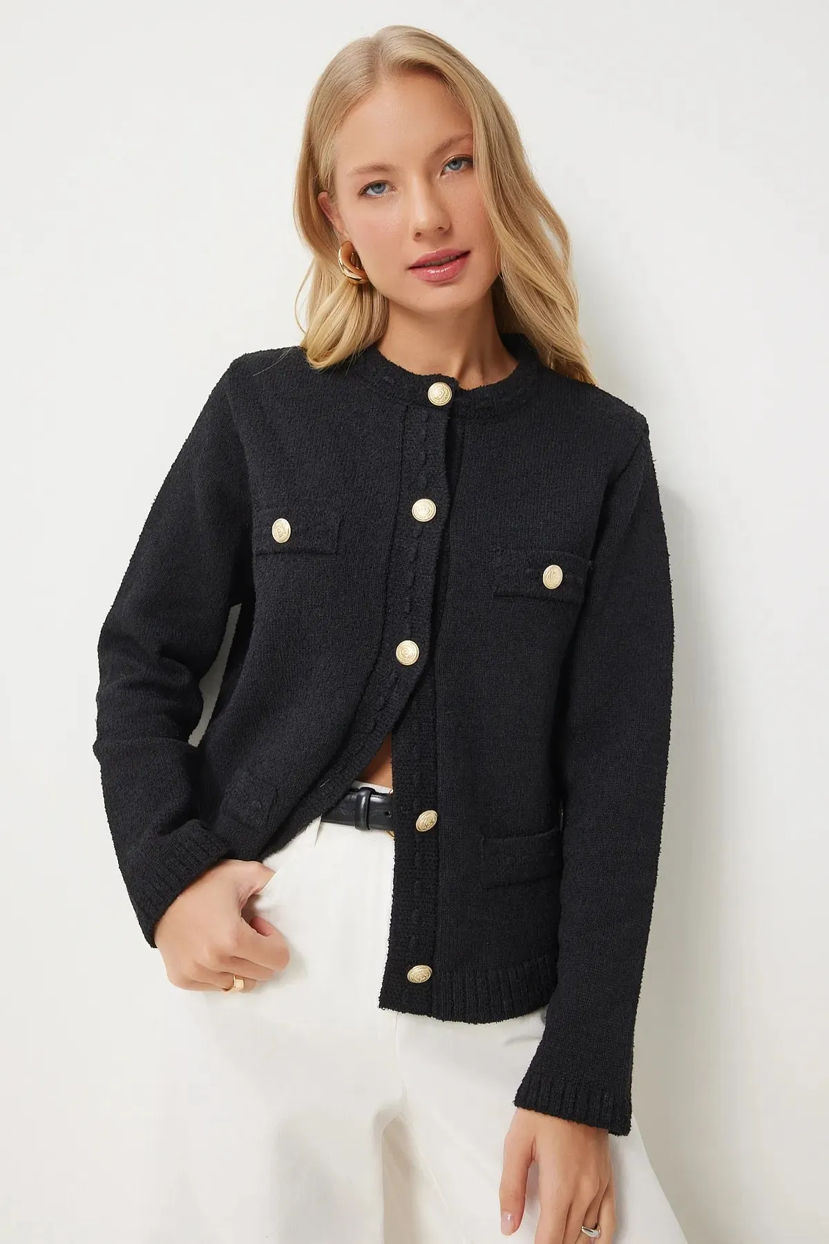 Black Stylish Buttoned Textured Knit Cardigan