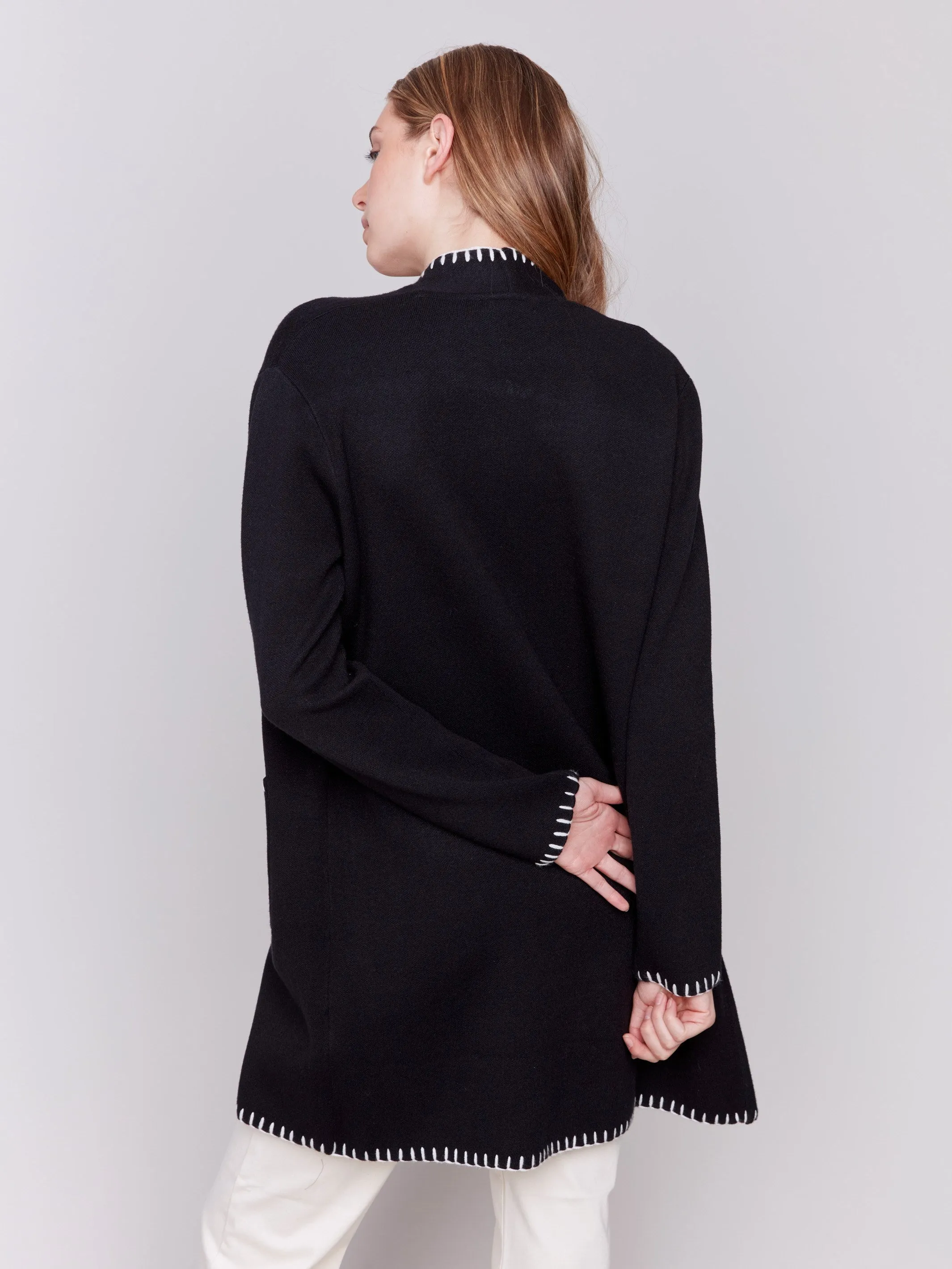 Blanket Stitch Long Cardigan - Black