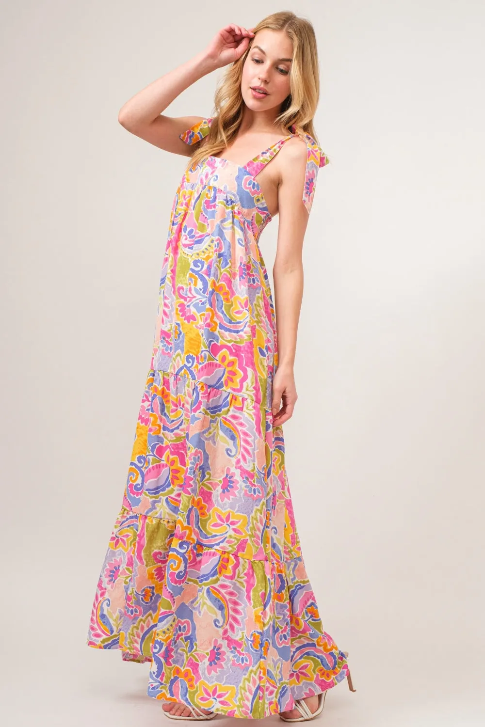 Blue Zone Planet |  And The Why Full Size Printed Tie Shoulder Tiered Maxi Dress