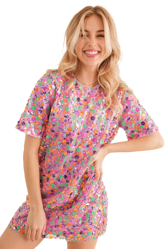 Blueb Sequin Floral Embellished Multi T-Shirt Dress