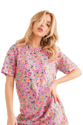 Blueb Sequin Floral Embellished Multi T-Shirt Dress