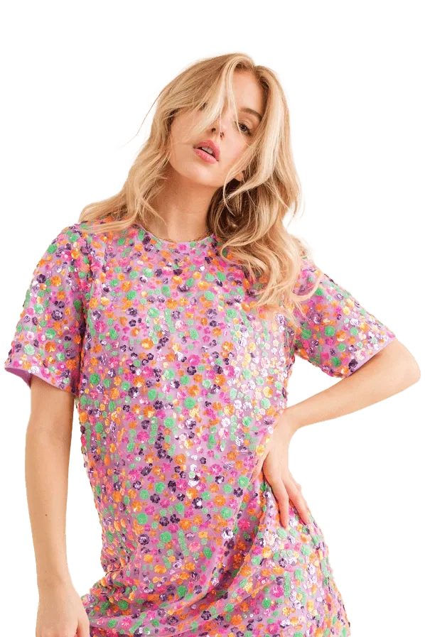 Blueb Sequin Floral Embellished Multi T-Shirt Dress