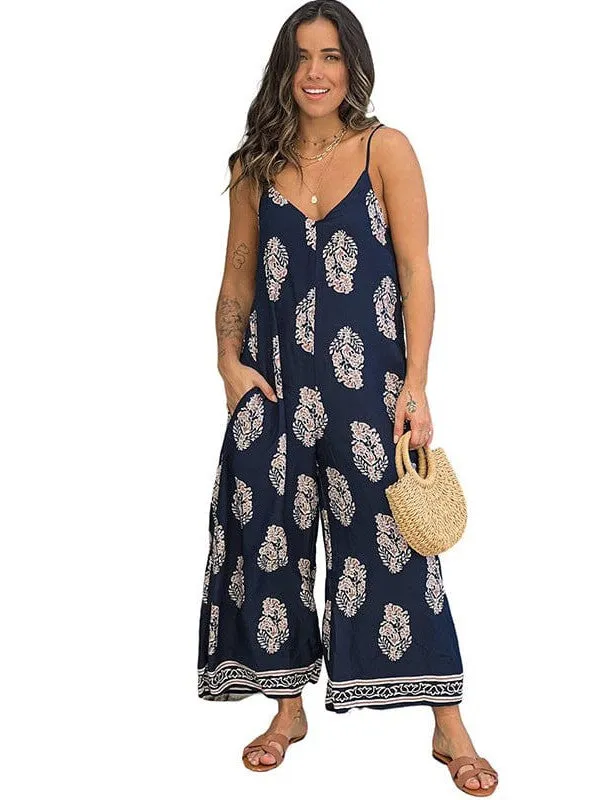 Bohemian Blue Viscose Jumpsuit With Wide-Leg Trousers