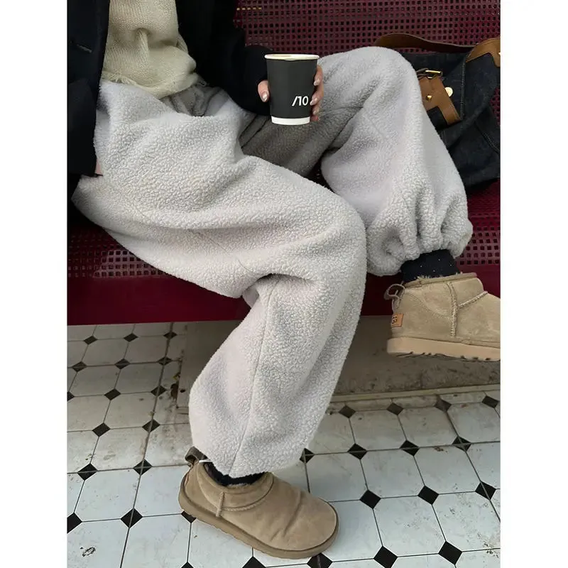 Bonnyshow Winter Gray Brushed Fleece Pants Women Korean Style Lambswool Jogging Sweatpants Oversize Navy Wide Leg Trousers Warm